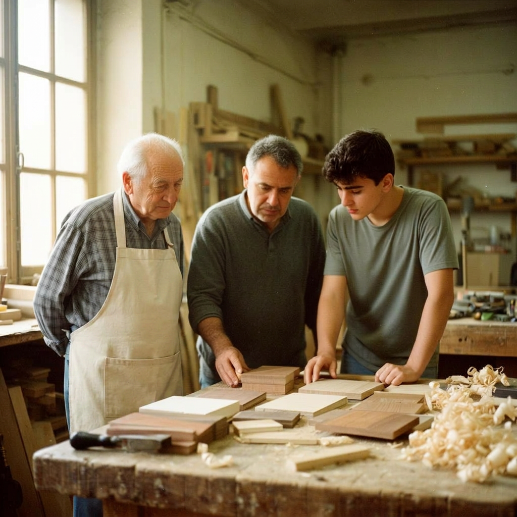 Le tre generazioni della famiglia Martinelli al lavoro nel mobilificio